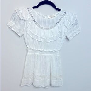 LoveShackFancy White Dress with Ruffled Bib Collar and Puff Sleeves